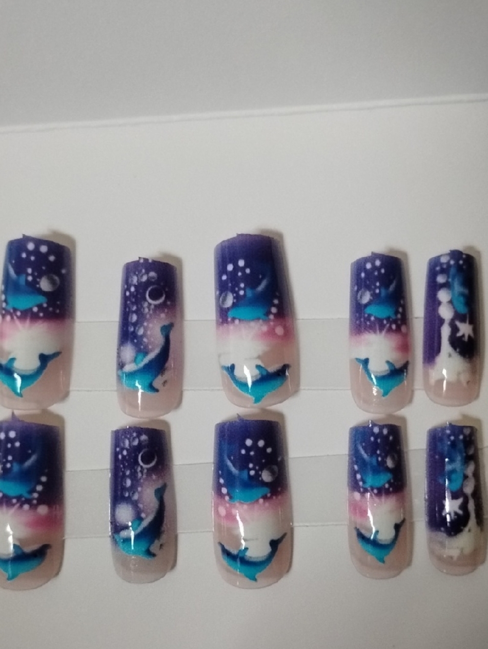 Hand-Painted Blue Dolphin Ombre Press-On Nails